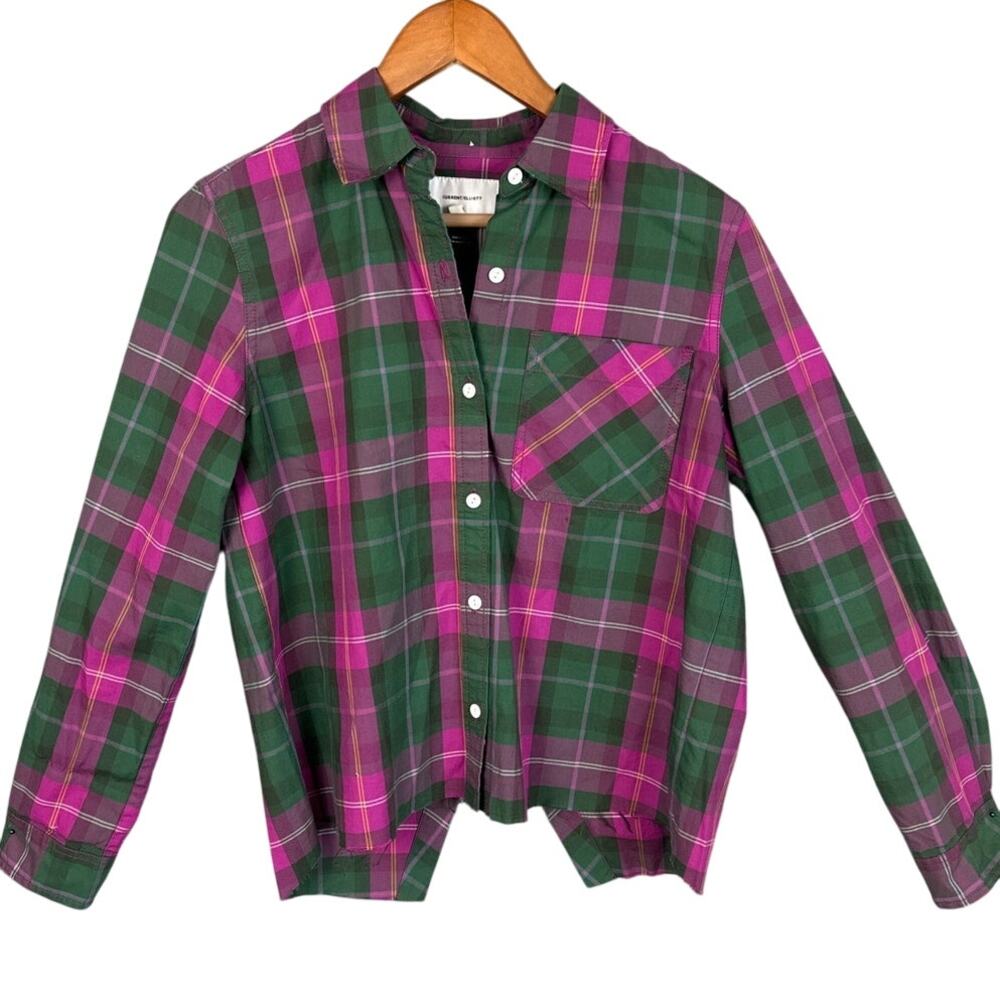 Current/Elliot Women’s Plaid Button Up Shirt Pink Green Fray Hem S Quiet Luxury - Picture 2 of 10